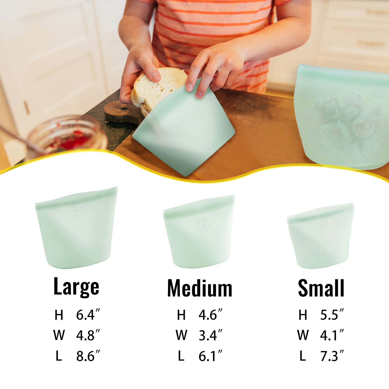 Paquete de 3 bolsas de silicona reutilizables con cremallera, material de silicona hermético para marinar carne, aperitivos y almacenamiento de alimentos (verde)