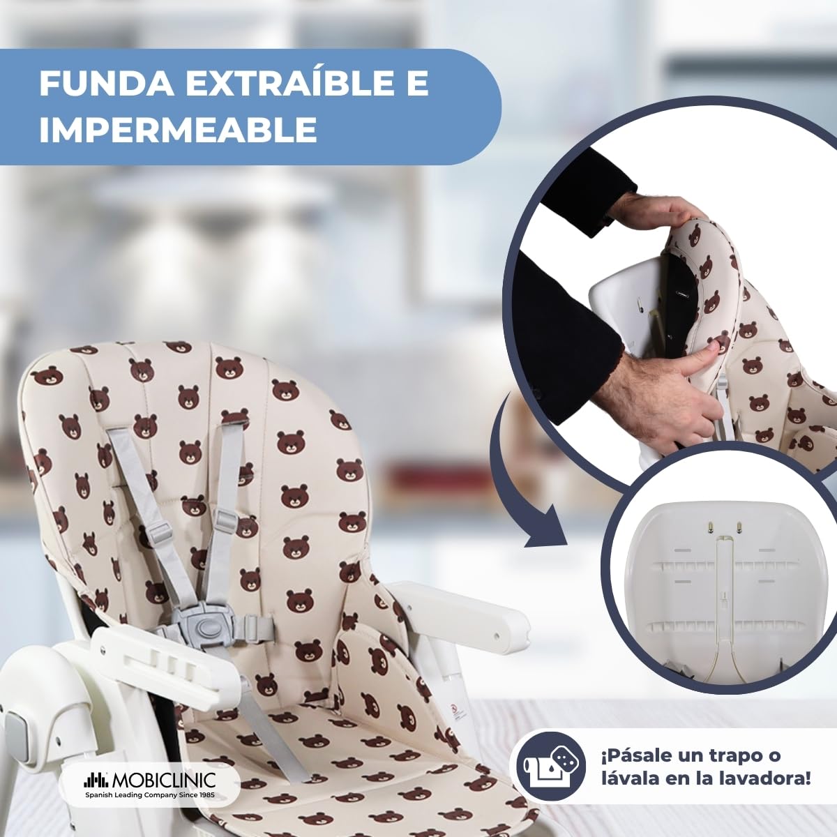 Mobiclinic®, Trona para Bebé, Extraplegado, Evolutiva Silla Alta, Reclinable, Regulable 7 Posiciones, Infantil, Arnés con 5 Puntos, Hasta 15 kg, Doble Bandeja Desmontable, Lavable, Frenos, Simba