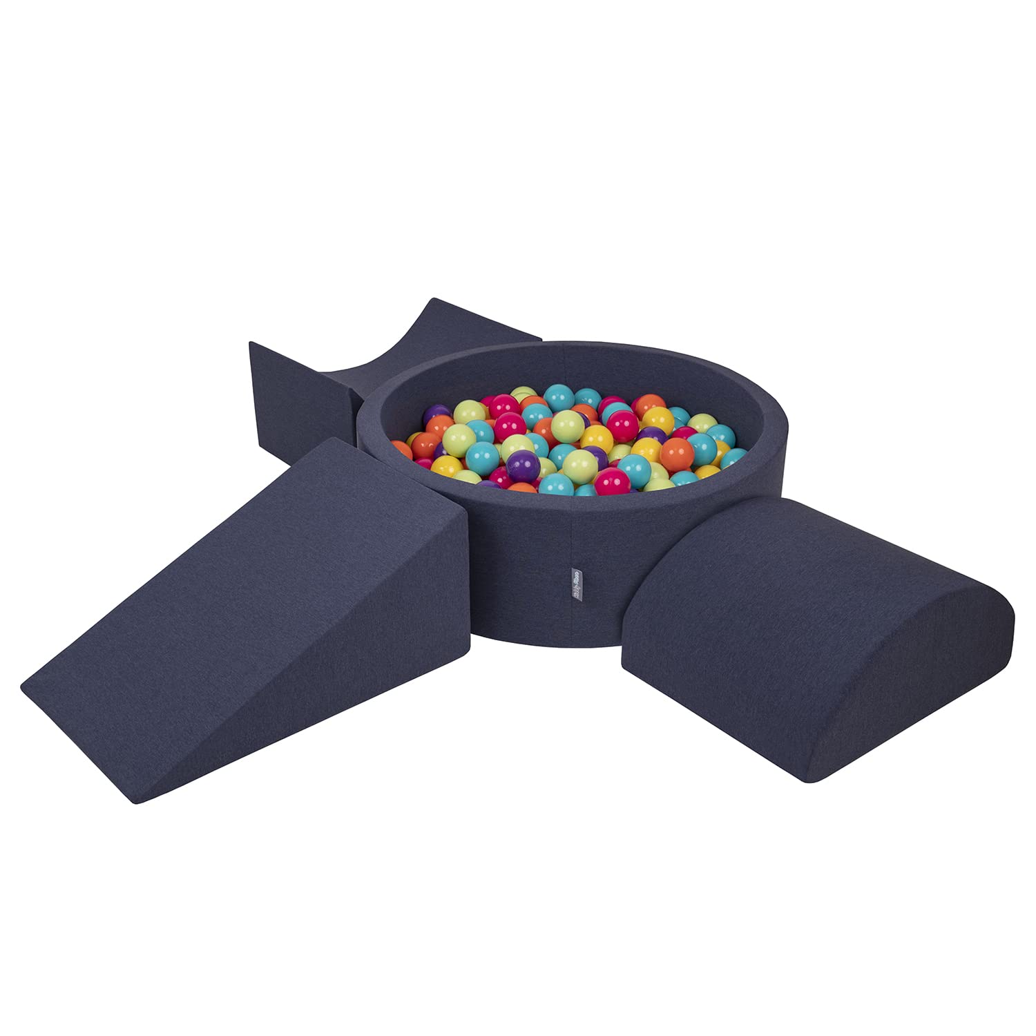 KiddyMoon Foam Playground For Kids With Round Ballpit (300 Balls ∅ 7Cm/2.75In) Soft Obstacles Course And Ball Pool, Made In The EU, Darkblue:Lgreen/Yellow/Turquoi/Orange/Dpink/Purple