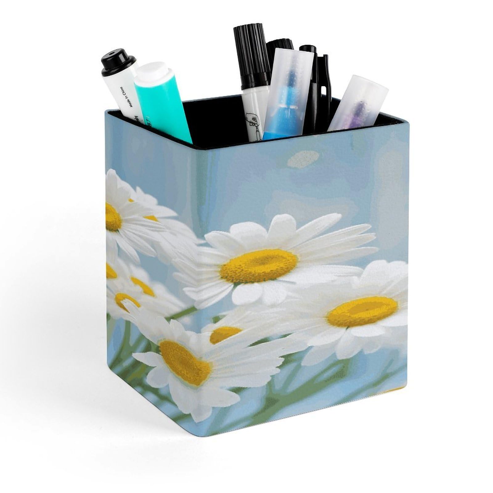 MUSM Elegant Spring Daisy Flowers Pen Holder Square PU Leather Desktop Organizer And Makeup Brush Holder Storage Box Modern Design Stationery Organizer for Office Desk Accessory
