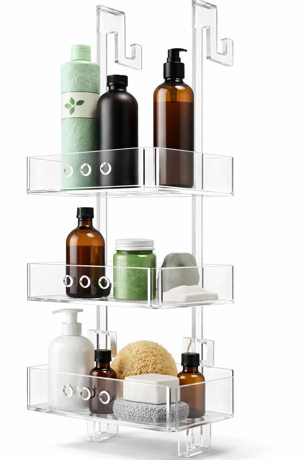 REGPLEX Porta Shampoo Doccia Plexiglass Trasparente Organizer Bagno 3 Mensole Montaggio Senza Viti Adatto Box 26-40 mm