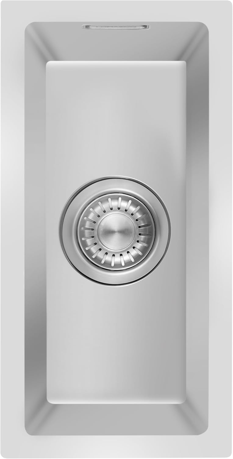 Top-down view of the LOMAZOO single bowl stainless steel kitchen sink with the drain strainer in place