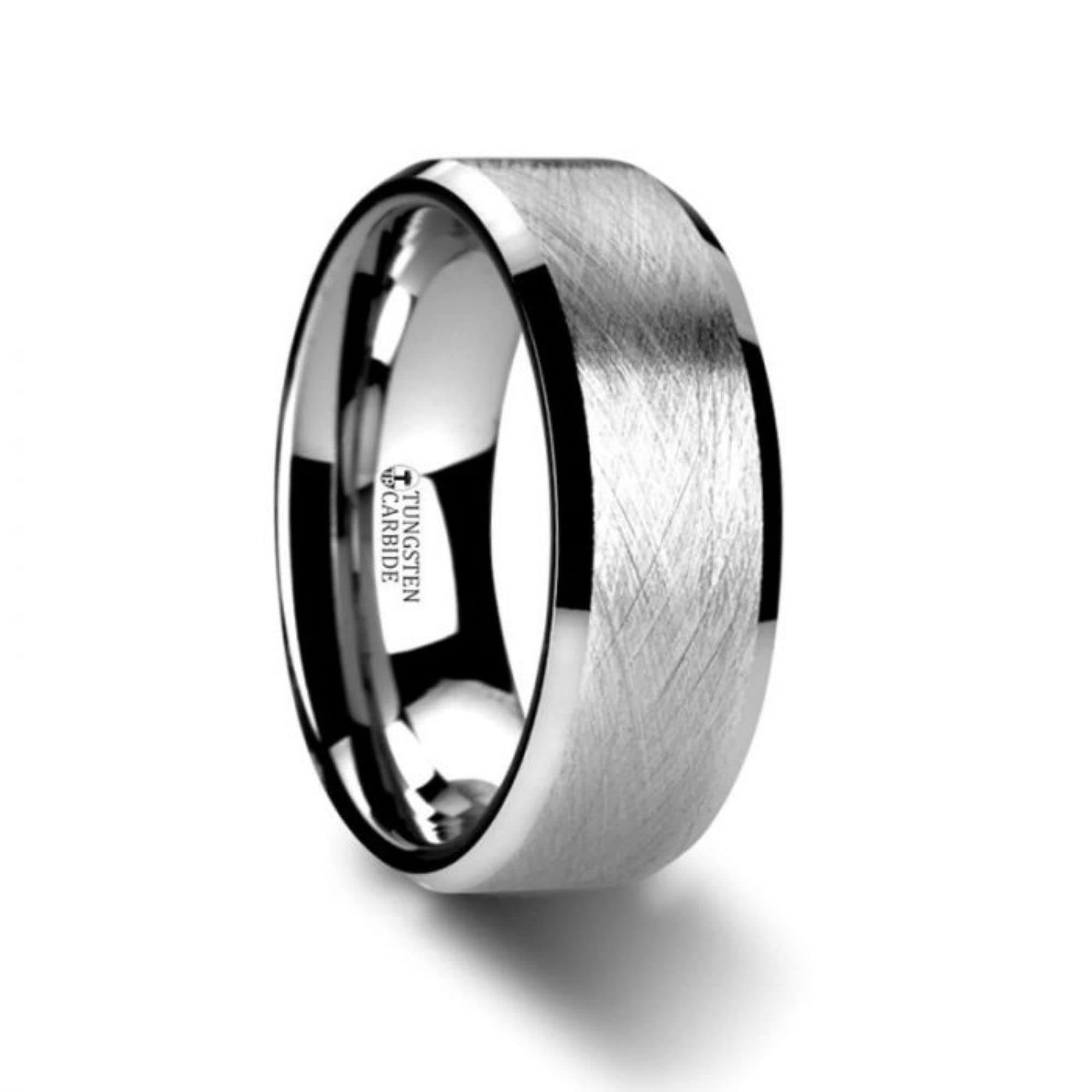 ThorstenRings Thorne Flat Tungsten Carbide Wedding Ring with Wire Brushed Finish and Polished Beveled Edges Comfort Fit Lightweight Durable Wedding Band - 6mm & 8mm