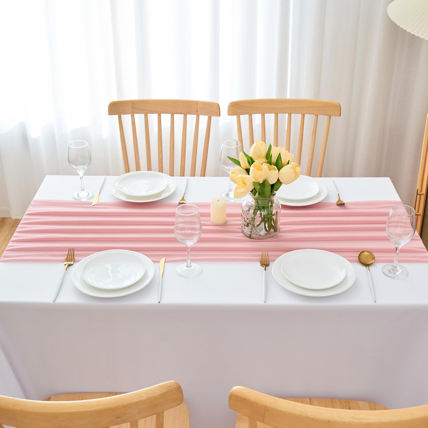 Runner Da Tavolo In Chiffon Rosa Antico - 77x300cm | Centrotavola Moderno Per Matrimoni E Feste - Foto 3