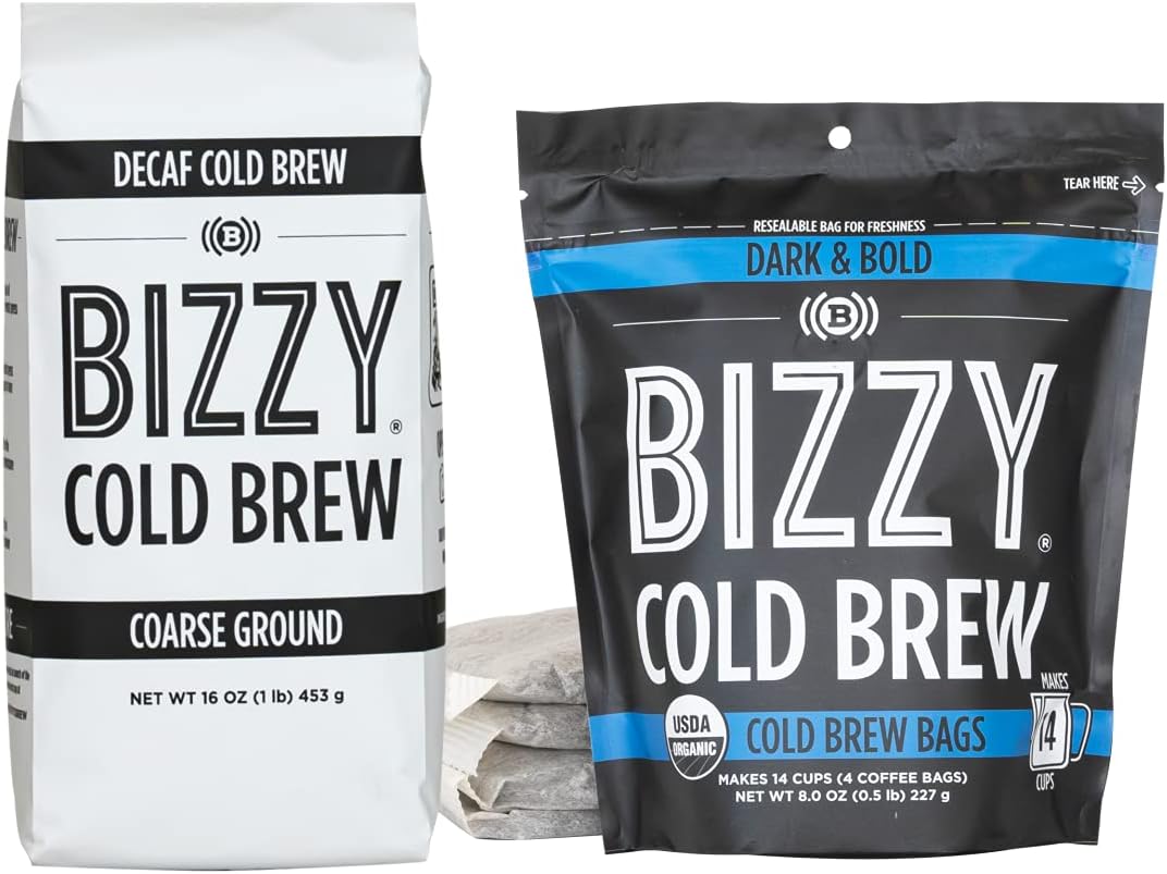 BizzyOrganic Cold Brew Coffee | Bundle | Coarse Ground Decaf 1 LB + Dark & Bold Brew Bag 4-count| 2 Pack