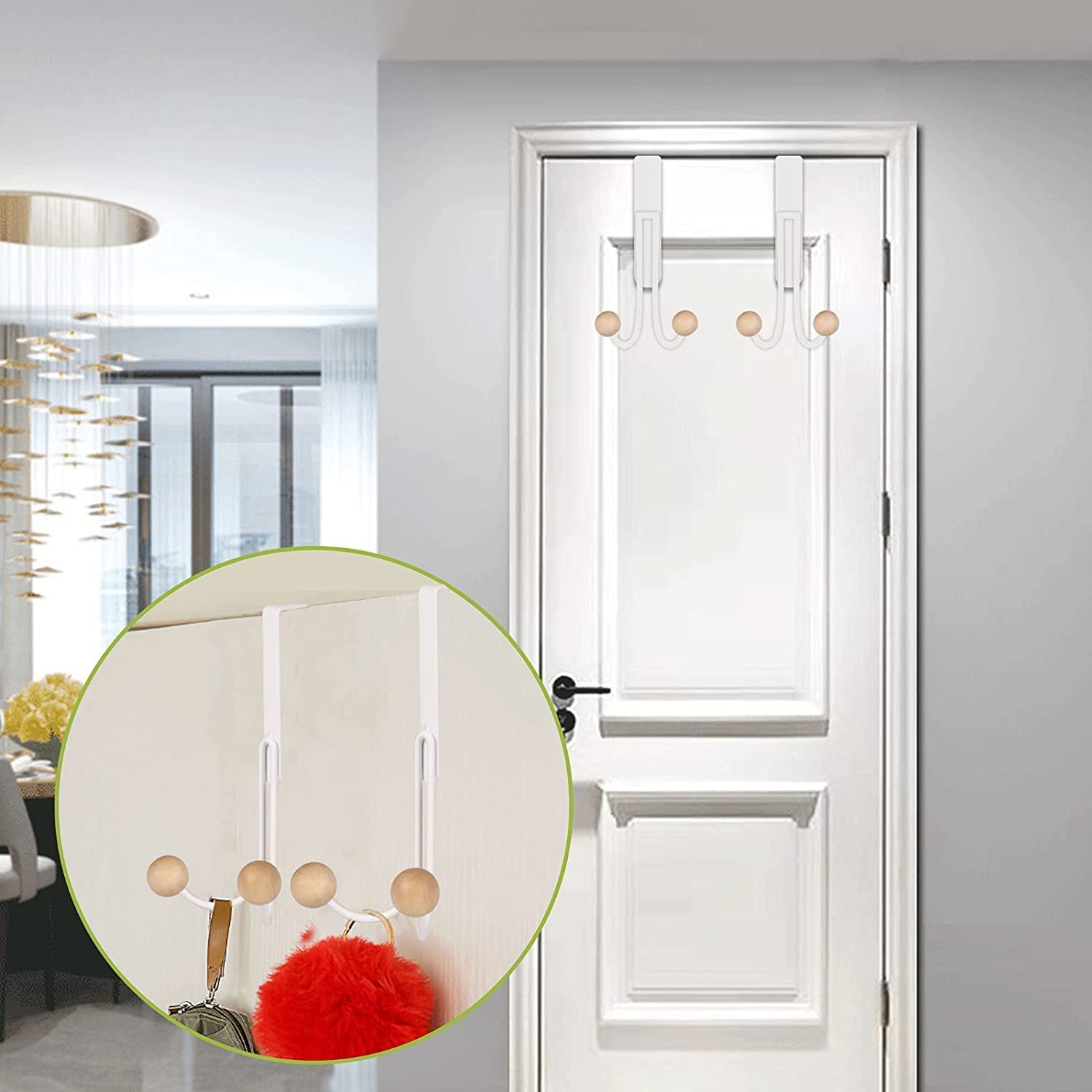 DOCAT Over The Door Hanger Hooks for Clothes Hanging Heavy Duty Hooks for Kitchen Bedroom Bathroom Accessories Items Hanging Organizer Rack with No Hole Drilling Required (White 2 Hook Wooden) 3