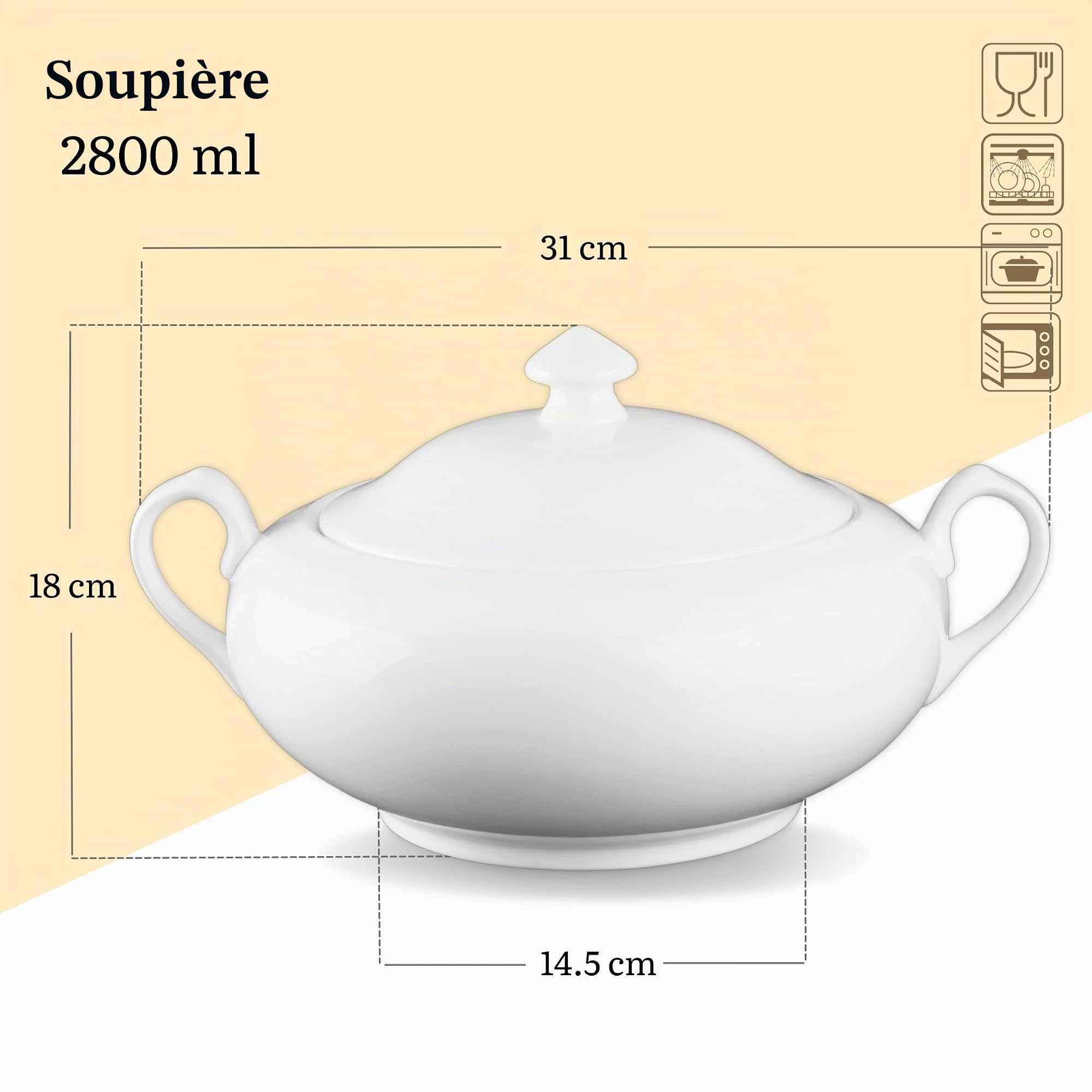 Wilmax - Soupière avec couvercle - 2800 ml - Vase en porcelaine blanche - Soupière résistante à la chaleur - Serviette pour soupe ou plats uniques - Lavable au lave-vaisselle