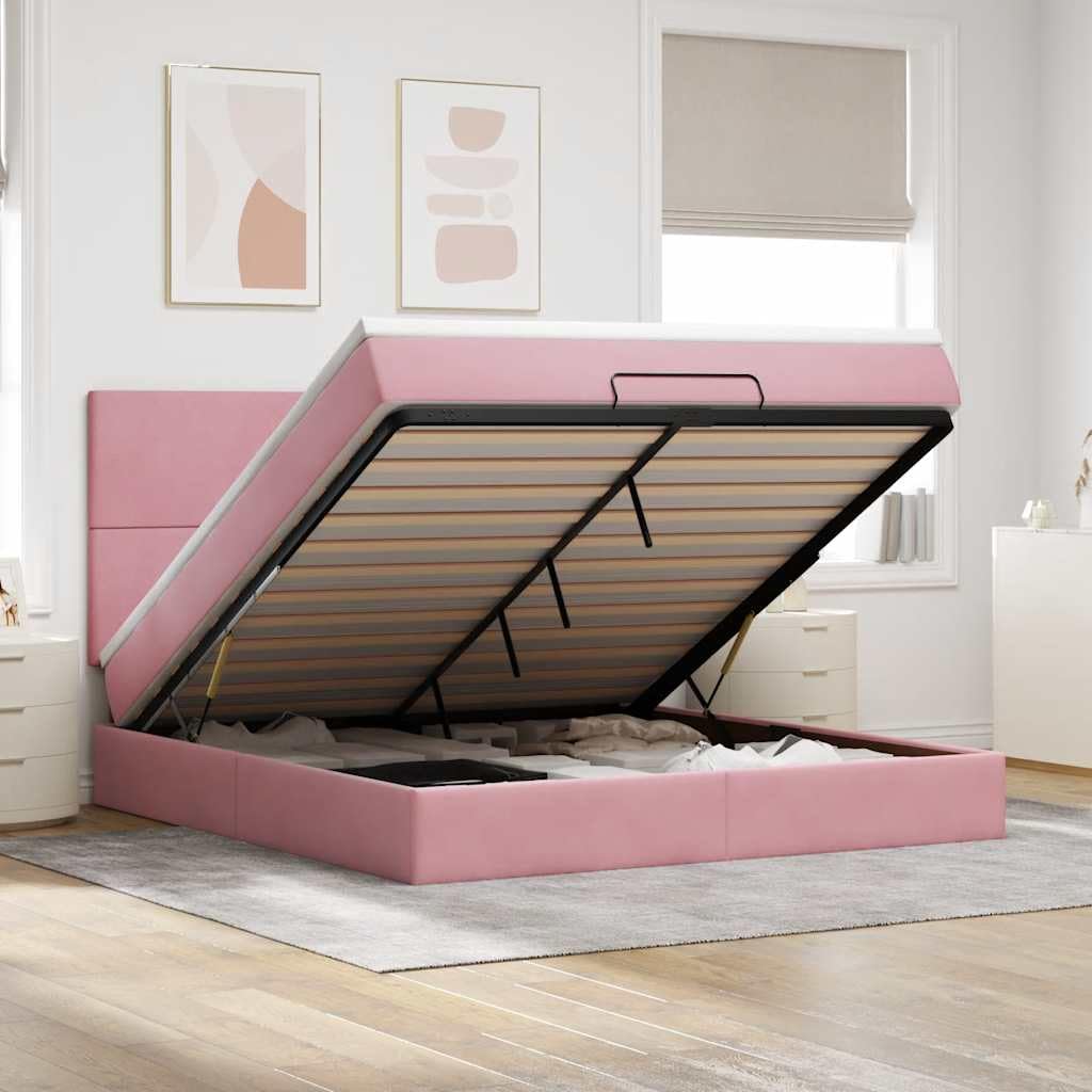 Cama otomana rosa de terciopelo 180 x 200 cm, con colchón de muelles ensacados LED y gran espacio de almacenamiento para jóvenes y habitaciones de invitados
