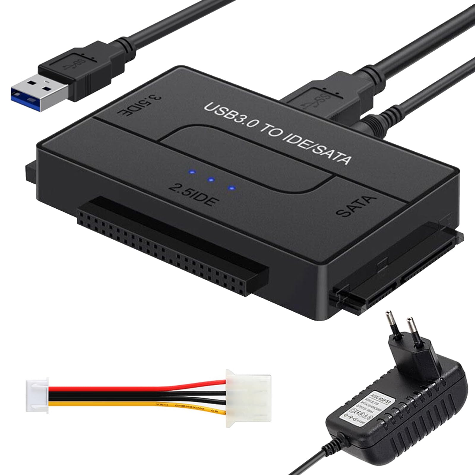 Adattatore USB 3.0 a SATA IDE da USB 3.0 a IDE/SATA per dischi rigidi SATA da 2,5/3,5 pollici, adattatore per disco rigido esterno con cavo USB, cavo SATA e alimentatore da 12 V/2 A