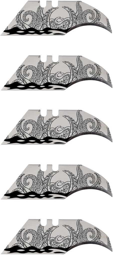 NDZ Performance CCA Custom Concave Utility Knife Blade – Polished Silver Steel, Laser Engraved, Standard Utility Knife Compatible, Kraken – 5 Pack