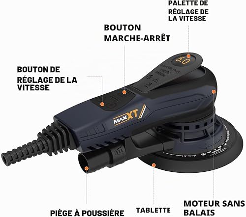 MAXXT Ponceuse excentrique 150 mm sans balais avec raccord tri-noyaux, course excentrique 5,0 mm, frein automatique (2 s), 6 vitesses réglables, 10 papiers abrasifs et 5 m de câble - 3