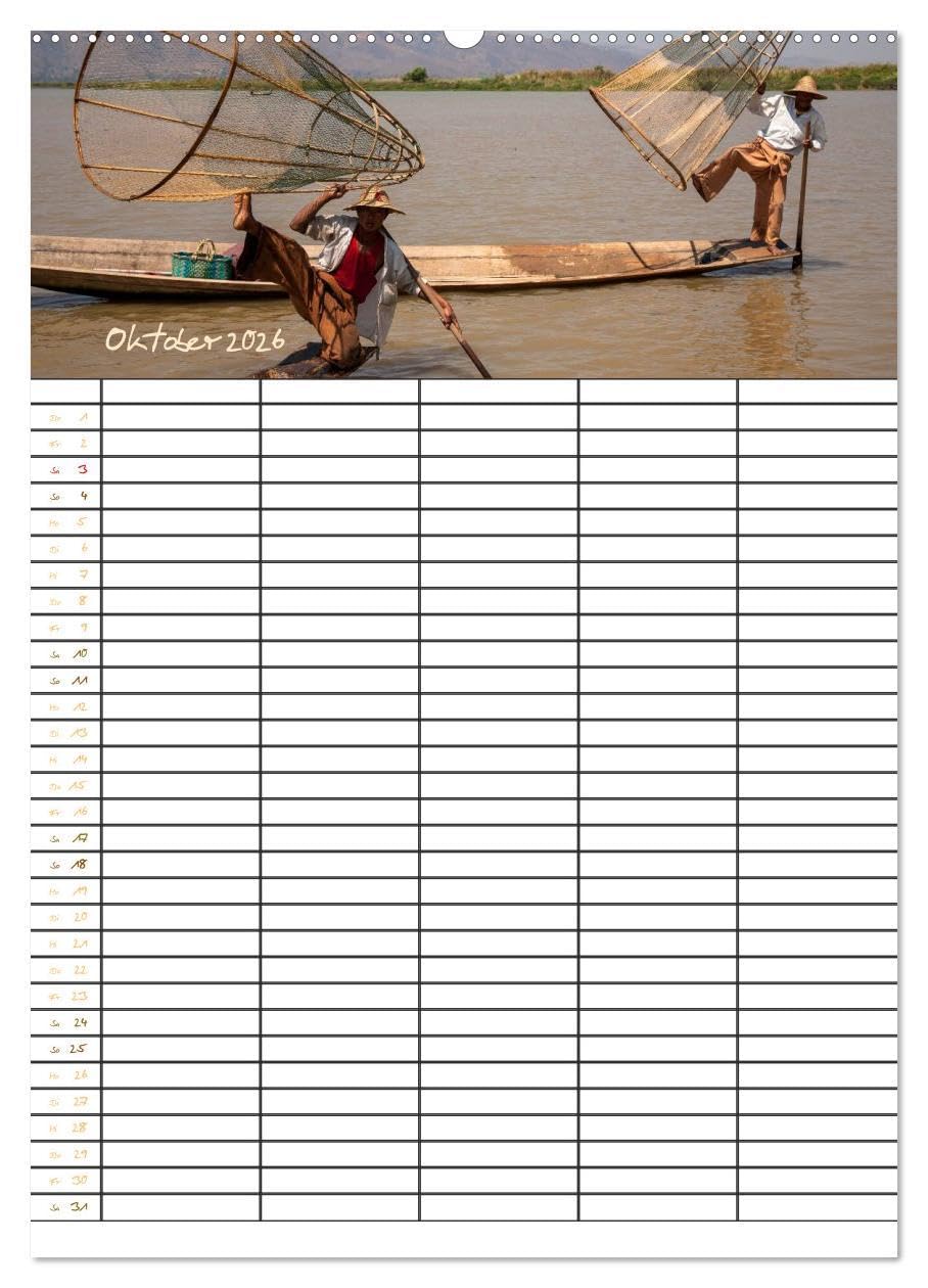 Goldenes Myanmar - Familienkalender 2026 (Wandkalender 2026 DIN A2 hoch), CALVENDO Monatskalender: Myanmar - das Land der Pagoden, Klöster, Mönche und ... 5 Spalten für Ihre Einträge. (CALVENDO Orte)