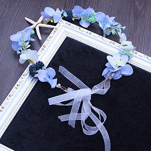 Scala Brand 3 Colors to Choose Bridal Hair Accessories Handmade Headband Beach Starfish Flower Wreath Bride Handmade Wedding Garland Soft Pearl Hair Jewelry (Blue Starfish) - Thumbnail 3