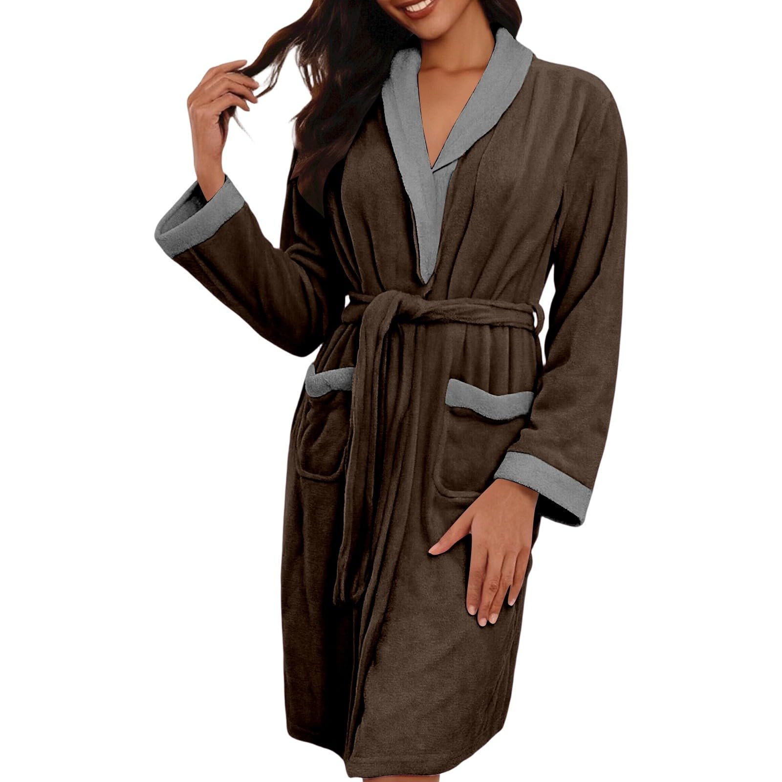 Generisch Peignoir d'été léger en coton mélangé pour femme - Kimono long en coton léger - Robe de chambre à manches longues avec ceinture à nouer et poches - Vêtement de détente
