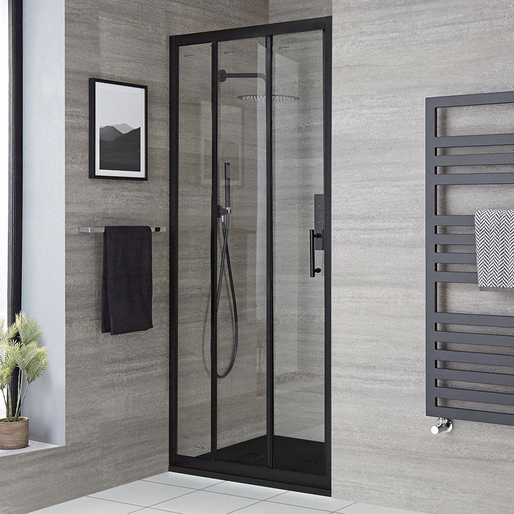 Milano Nero Black Walk in Triple Sliding Door Shower Enclosure Graphite Tray - 900 x 900mm