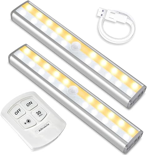Alltro BarLite - Paquete de 2 luces LED de control remoto activadas por movimiento, luz inalámbrica con sensor de movimiento debajo del gabinete, se