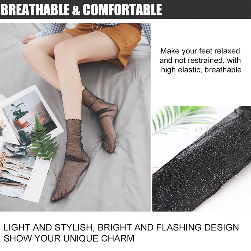 Image of Mesh Lace Socks Sheer Glitter Tulle Socks Ultra Thin See Through Transparent Loose Mesh Socks for Women Girls Dress 5 Pairs