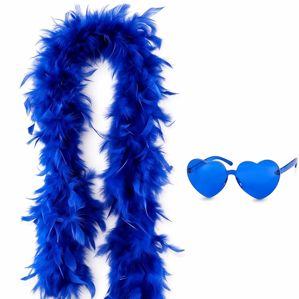 WNXBFO Moorlan Blue Feather Boa 2m with Heart Rimless Sunglasses, Soft Turkey Feather Scarf for Women, Ideal for Themed Parties, Photo Shoots, Cosplay, Wedding, Hen Party & Halloween