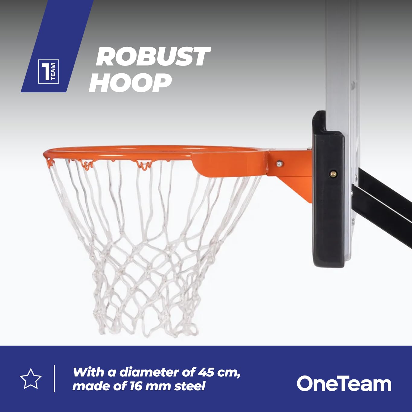 OneTeam Basketball Backboard Größe 180 x 105 cm Farbe Schwarz Höhenverstellbares Backboard mit Nylonnetz und Stahlkorb 45 cm Langlebige Materialien Konstruktion