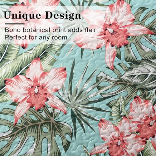 Yogeneg King Quilt Bedding Set,Green Pink Botanical Pattern Sky Blue King/Cal King Quilt Set,3 Piece Lightweight Soft Summer Bedspread Coverlet with 2 PIillow Shams,All Season(Sky Blue,110"x96") - Image 5