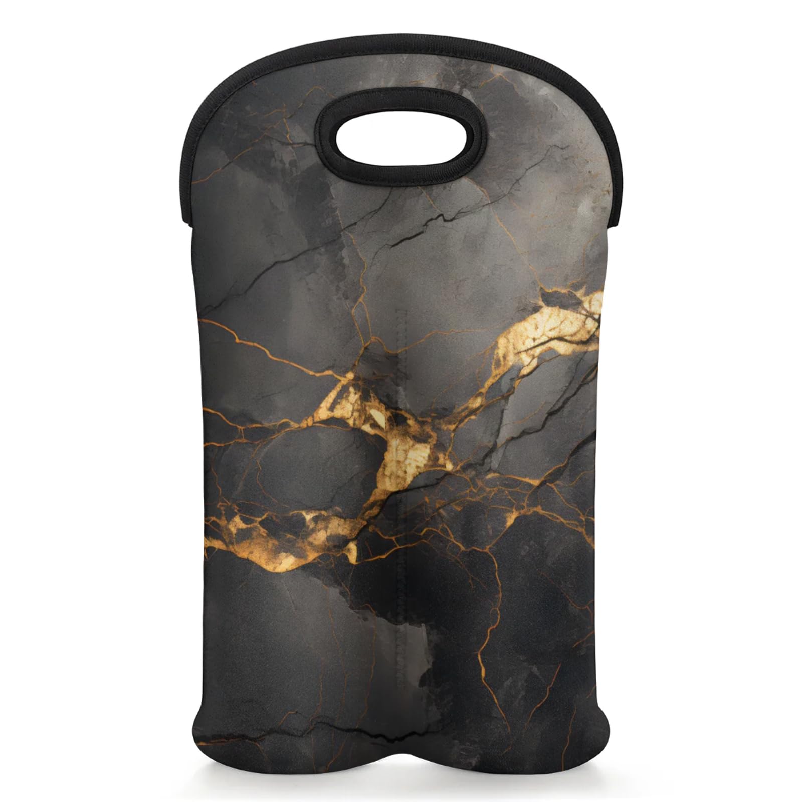 GzLeyigou 2 Bottles Black Marbling Texture Wine Bag Sleeve Totes Gold Glitter Neoprene Protective Wine Carrier Bag for Wine,Water, Champagne, Beer, Baby Bottles,Gift 14.5 x 10 Inches