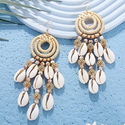 BOCAR Statement Boho Rattan Shell Dangle Earrings for Women Handmade Summer Vocation Beach Tropical Accessories Jewelry Gift (ER-1013-Beige)4