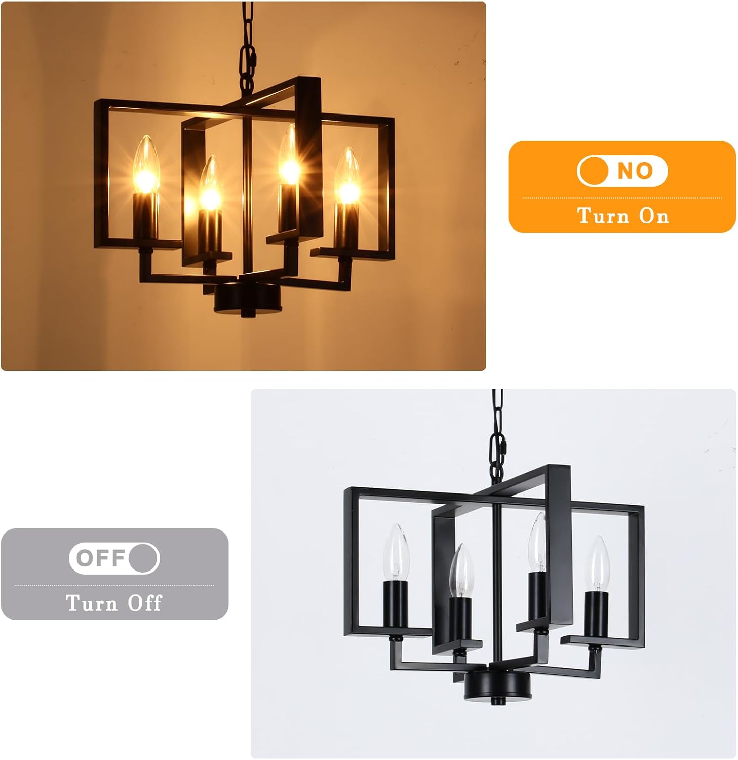 MEIJIA Plug in Chandelier, 4 Light Black Geometric Hanging Lights with Plug in Cord 15FT & Switch, Plug in Hanging Light for Dining Room Living Room Kitchen Bedroom, Outdoor Chandelier for Gazebo