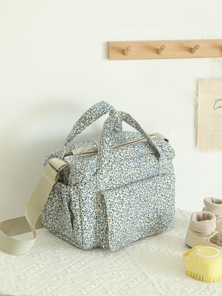 GSenhui Quilted Baby Changing Bag Tote Floral Nappy Diaper Bag Cute Mommy Bag Crossbody Wickeltasche (Blue-2) - Image 3