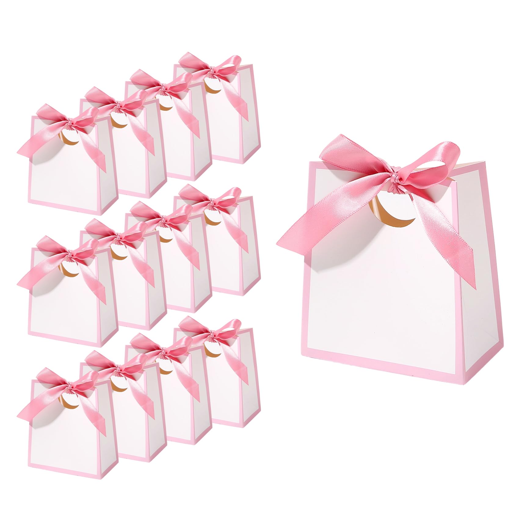 12Pcs Mini Gift Bags with Pink Ribbons 12× 11× 6 cm Small White Gift Bags White Party Bags for Wedding Baby Shower Birthday