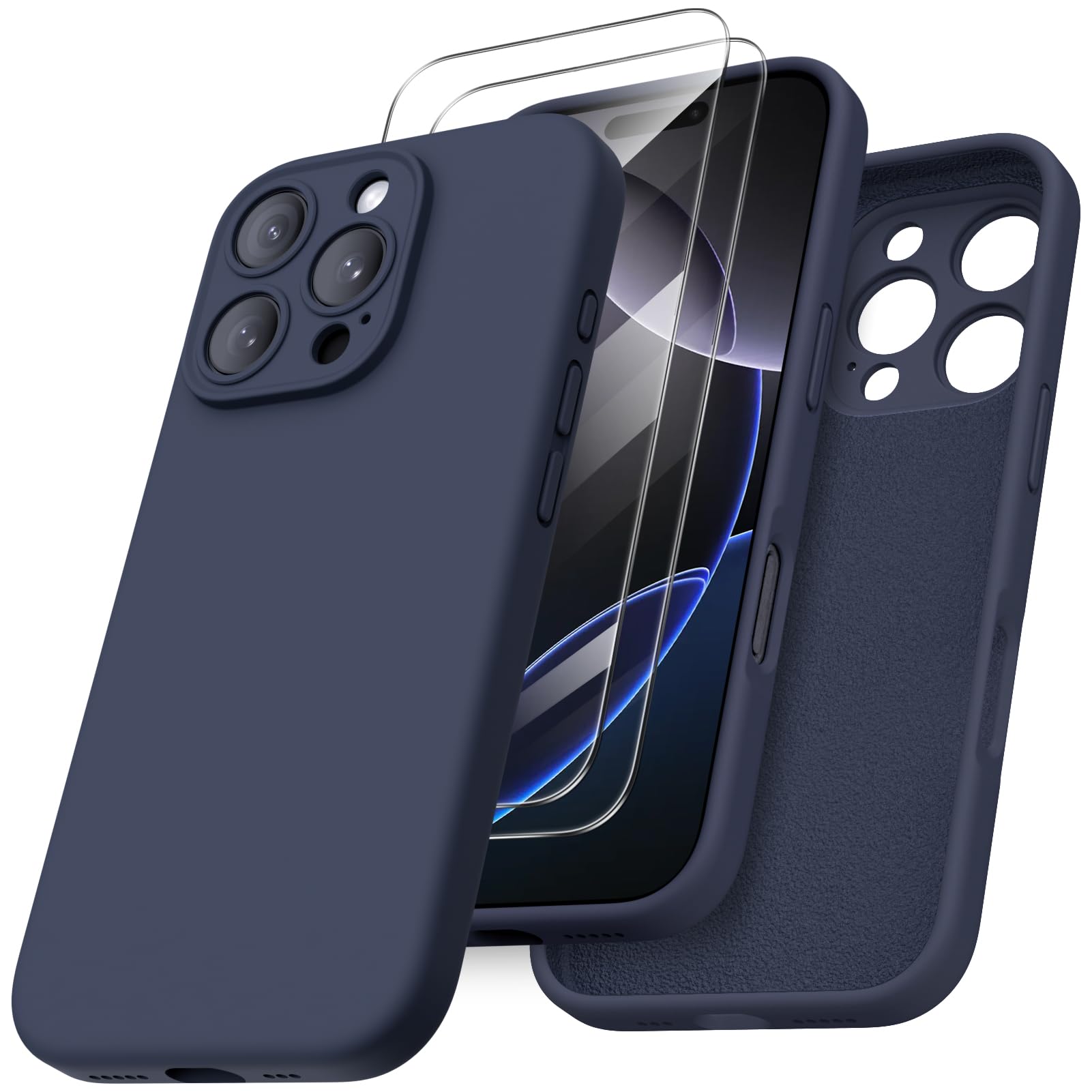 ORNARTO Cover per iPhone 16 Pro Silicone 6.3 Pollici, con 2 Pellicola Vetro Temperato, Morbido Silicone Liquido Protezione, Antiurto Ultra-Sottile Protezione Custodia iPhone 16 Pro-Deep Blu