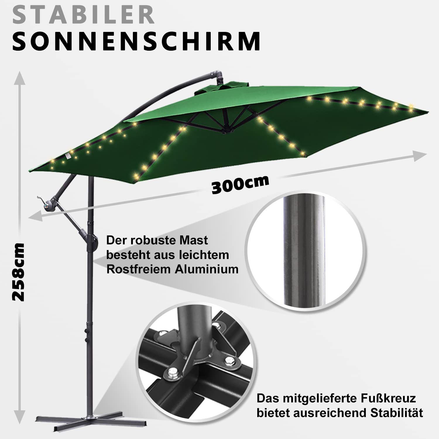 Eulenke 300/350 cm Parasol przeciwsłoneczny z korbą ręczną, regulowany kąt nachylenia i wysokość, parasol ogrodowy z ochroną UV na balkon, do ogrodu, tarasu