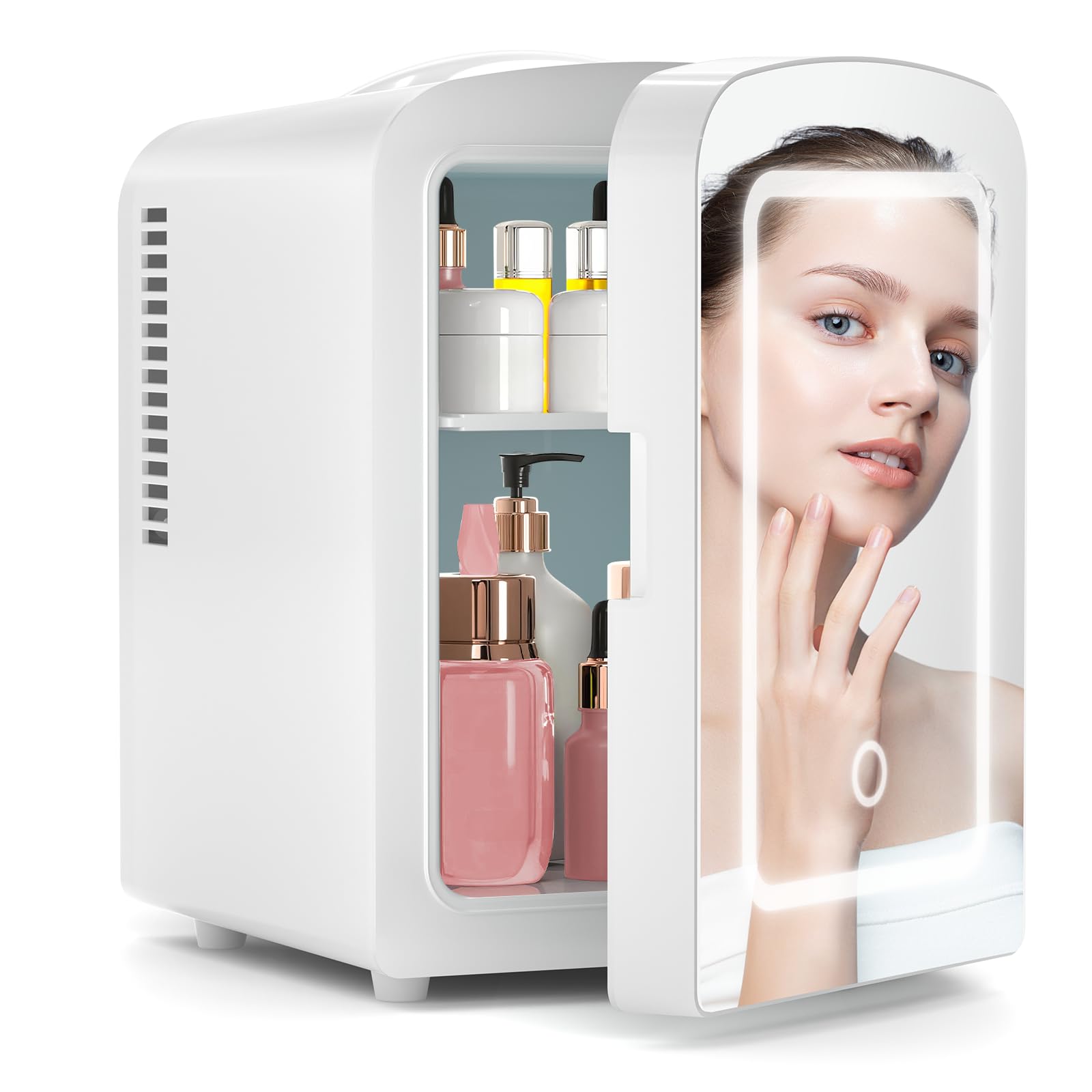 Xbeauty Skincare Fridge With Dimmable LED Mirror, 4L Mini Makeup Refrigerator for SkinCare, Cosmetics, Food & Drinks, Portable Small Refrigerator for Bedroom, Dorm, Car, Office, white