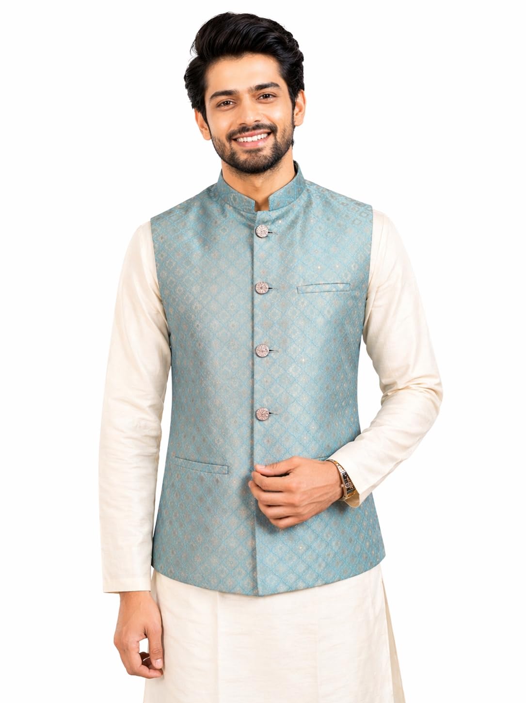 amazon brand - tavasya Men’s Sea Green Woven Textured Festive Jacquard Nehru Jacket (HOPMJ626_L)-picture-26