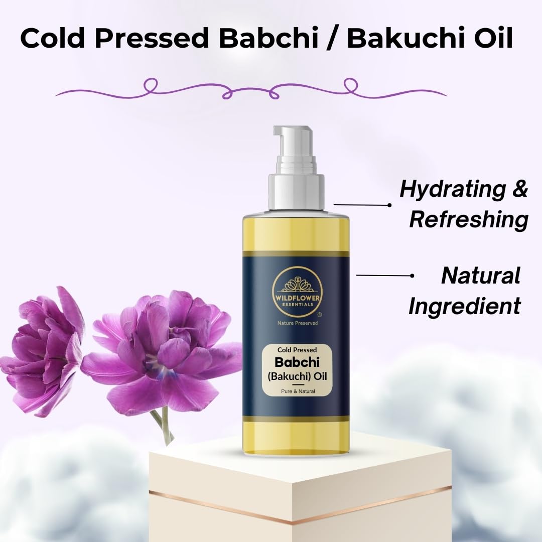 Babchi Oil (Bakuchi) (Psoralea corylifolia) 100% Natural Cold Pressed Carrier Oil for Face, Skin, Hair, Body | with Dispensing Pump 3.38 Fl Oz (100ml)