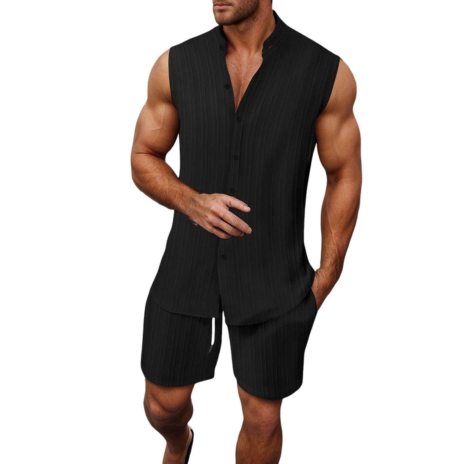 Générique Homme Ensemble 2 Pièce Casual Ensemble Survêtement Homme patte de boutonnage Chemise sans manches Bermuda Mode Confort Y2k Combinaison De Sport Pour Randonnée Et Jogging