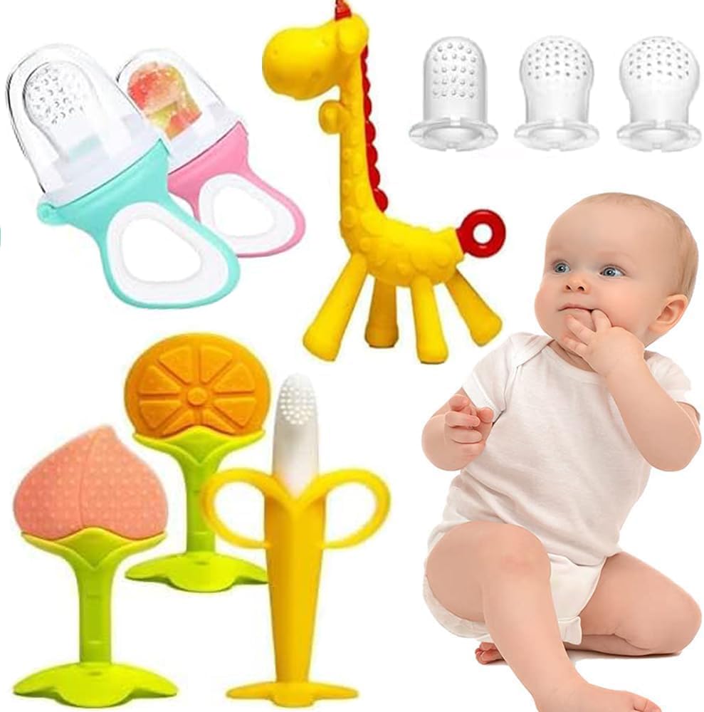 Teething Toys for Babies, DMG Baby Teether Chew Toys, With 2 Baby Fruit Feeders and 4 Baby Silicone Teethers, 3 Different Sized Silicone Sacs, BPA Free Natural Organic Freezer Silicone Baby Teethers