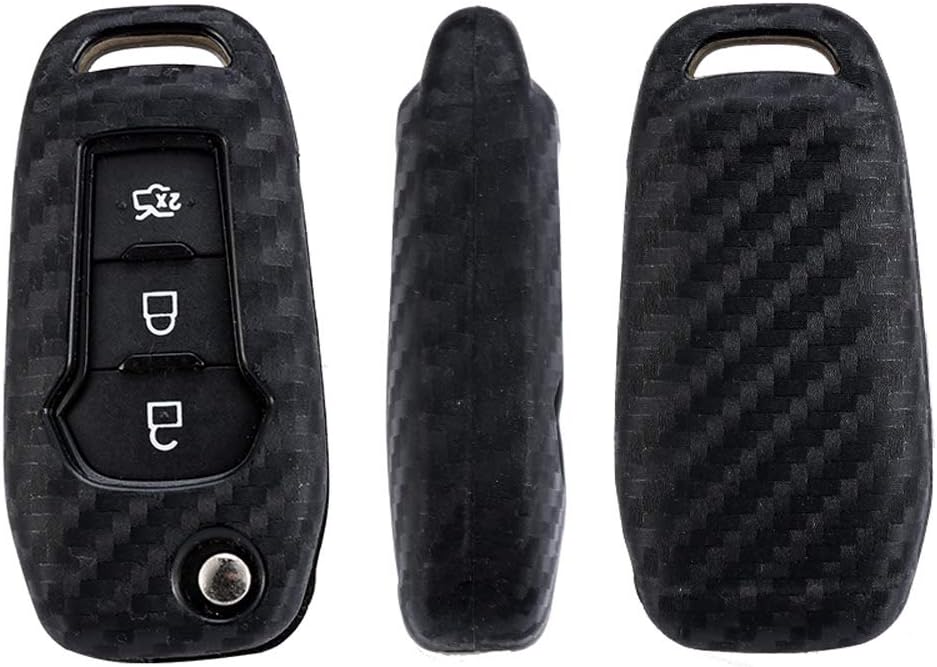ROYALFOX(TM 2/3 Buttons flip Remote Key Fob case Cover for 2015 2016 2017 2018 2019 Ford F150 F250,Focus 3 Escort Kuga Everest Fiesta Mustang Edge MKV Fusion 2016 Ranger (Silicone Carbon Fiber)