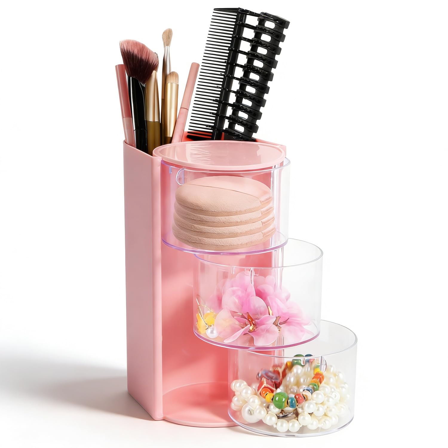 Organizer Trucchi Porta Pennelli Make Up Organizzatore per Accessori per Capelli a 3 Strati Rosa Organizer Trasparente per Gioielli Girevole 180° Porta Trucchi da Scrivania Plastica