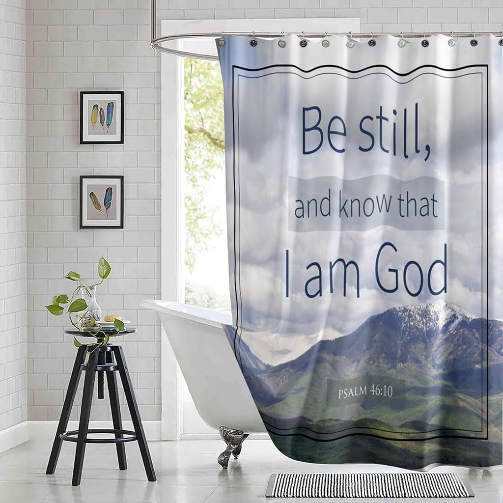 Psalm 4610 Shower Curtain Set Bible Verse Mountain Bathroom Curtains Polyester Fabric Waterproof Bath Curtains Decor 72" W x 72" L with Hooks