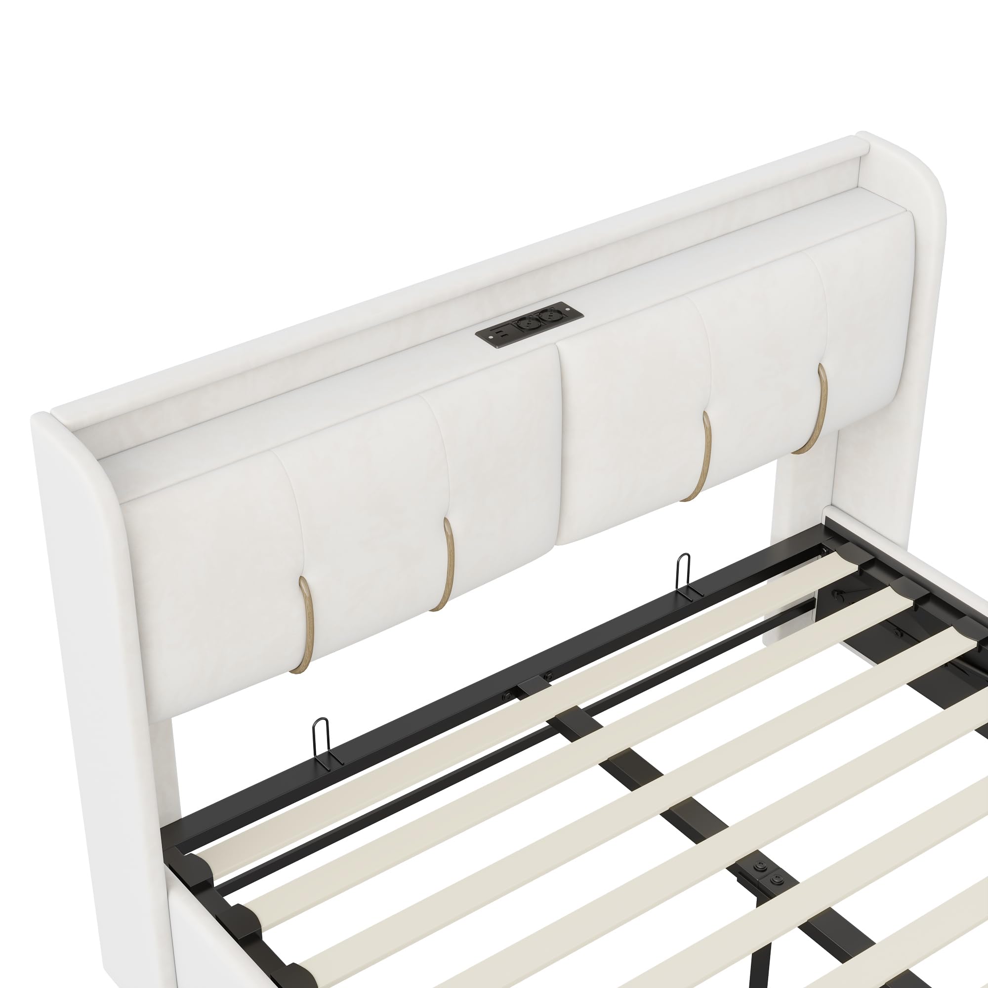 CDQL Letto matrimoniale 160 x 200 cm con vano contenitore pneumatico, Letto contenitore con 1 cassetto, porta USB e luci LED, rivestito in velluto beige