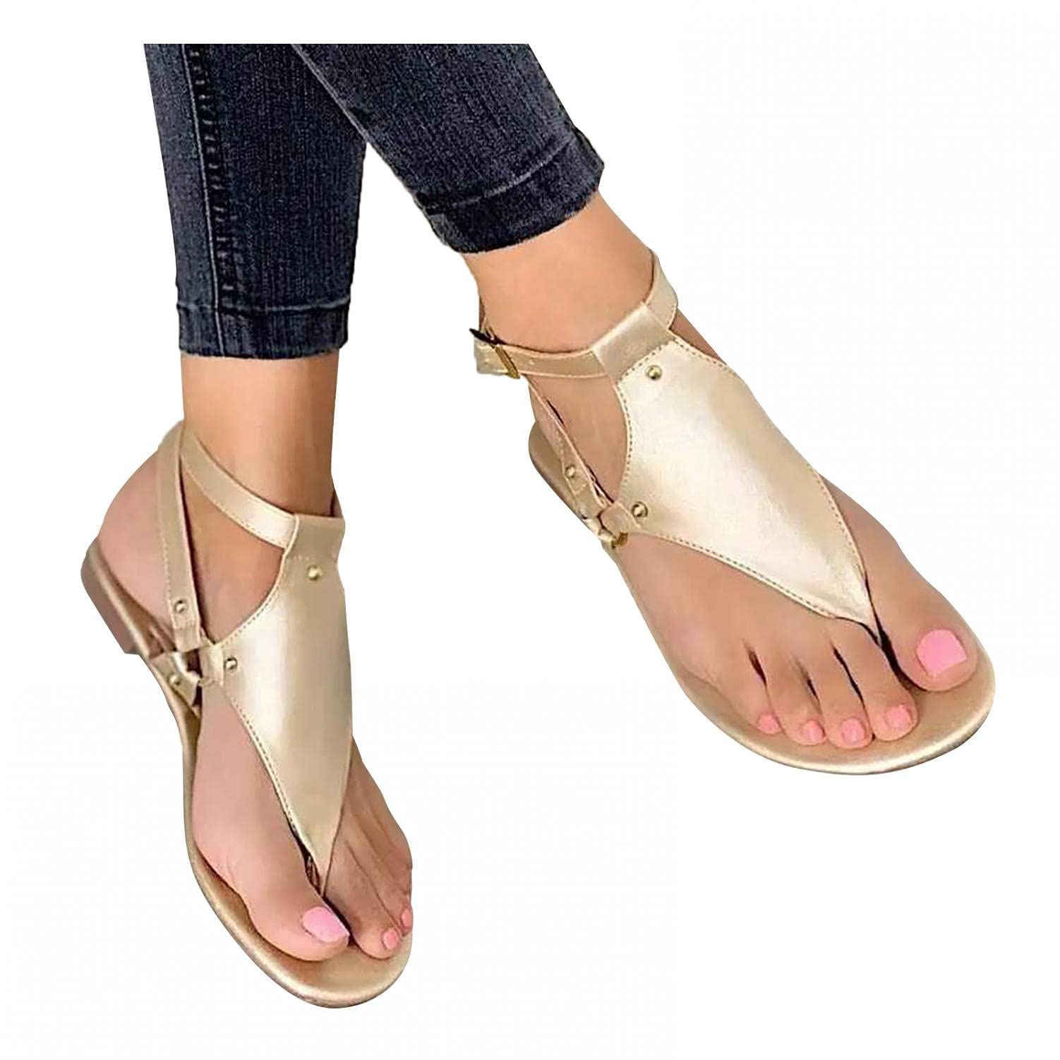 Hbeylia Flat Sandals For Women Summer Dressy T-strap Low Heel Ankle Strap Gladiator Bohemian Thong Slippers Flip Flop
