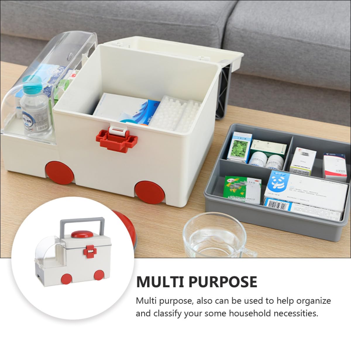 DOITOOL Caja Médica Hogar Grande de Plástico Gris Asa Portátil, Botiquín de Primeros Auxilios y Contenedor de Almacenamiento Multipropósito para Medicamentos y Artículos Pequeños