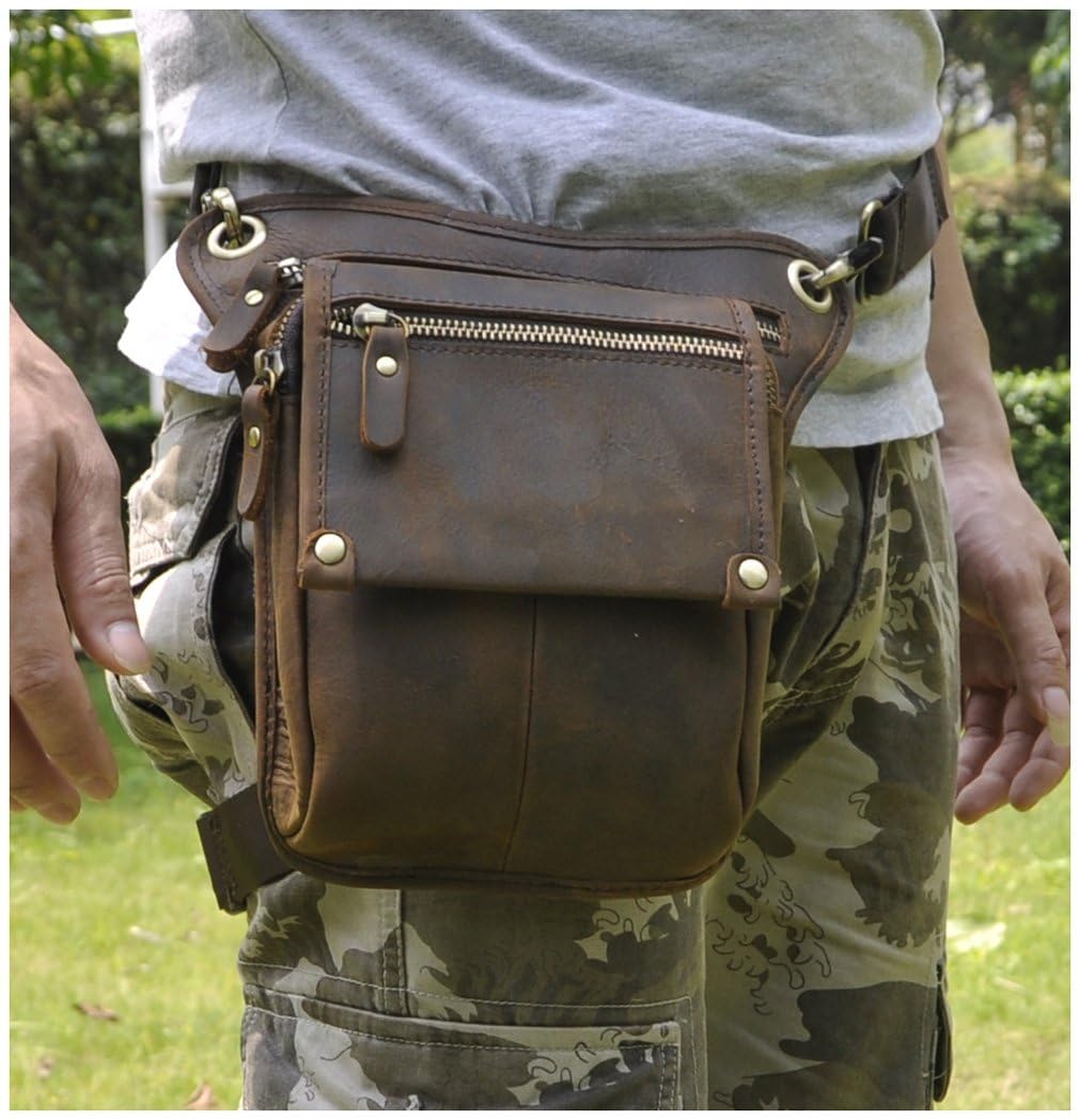 Le'aokuu Hombres Cuero Genuino Bolsa de Cintura blosa Mensajero y Bandolera Bolso Pierna Multifuncional Militar Táctico Bolsa de cardera Senderismo Deportes Camping 211-4