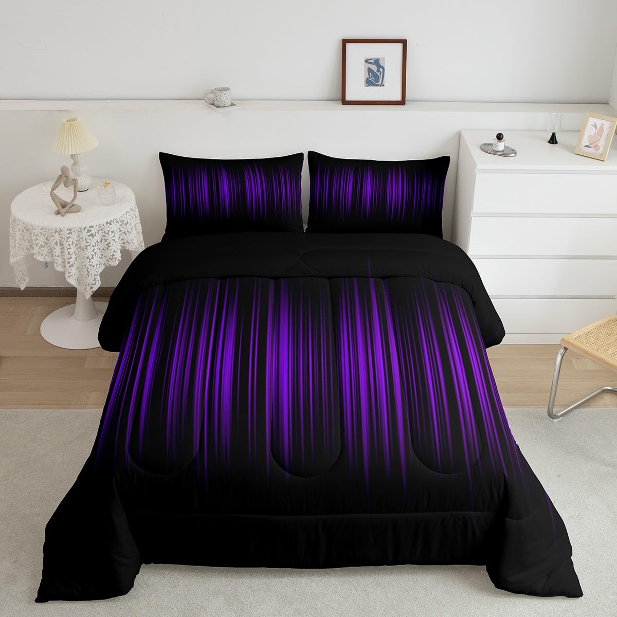 Feelyou Purple and Black Comforter King Size for Boys Girls, Abstract Ombre Comforter Set Gradient Purple Lines Bedding Set Microfiber Quilt Set