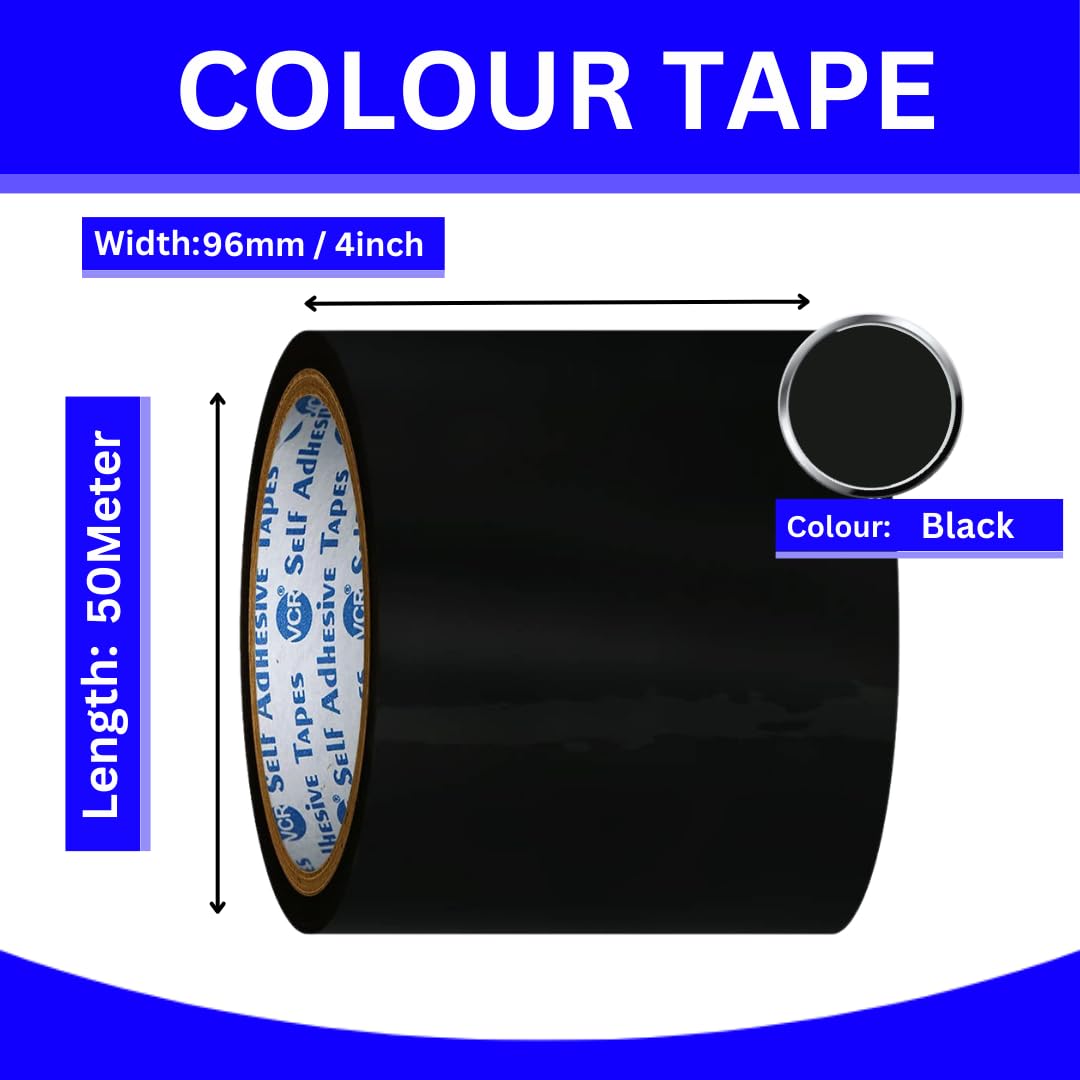 VCR Black Color Tape - 50 Meters in Length - 96mm / 4" Width - 01 Roll Per Pack - BOPP Self Adhesive Tape for Arts and Craft use, Box Packing, Office and Home use 2