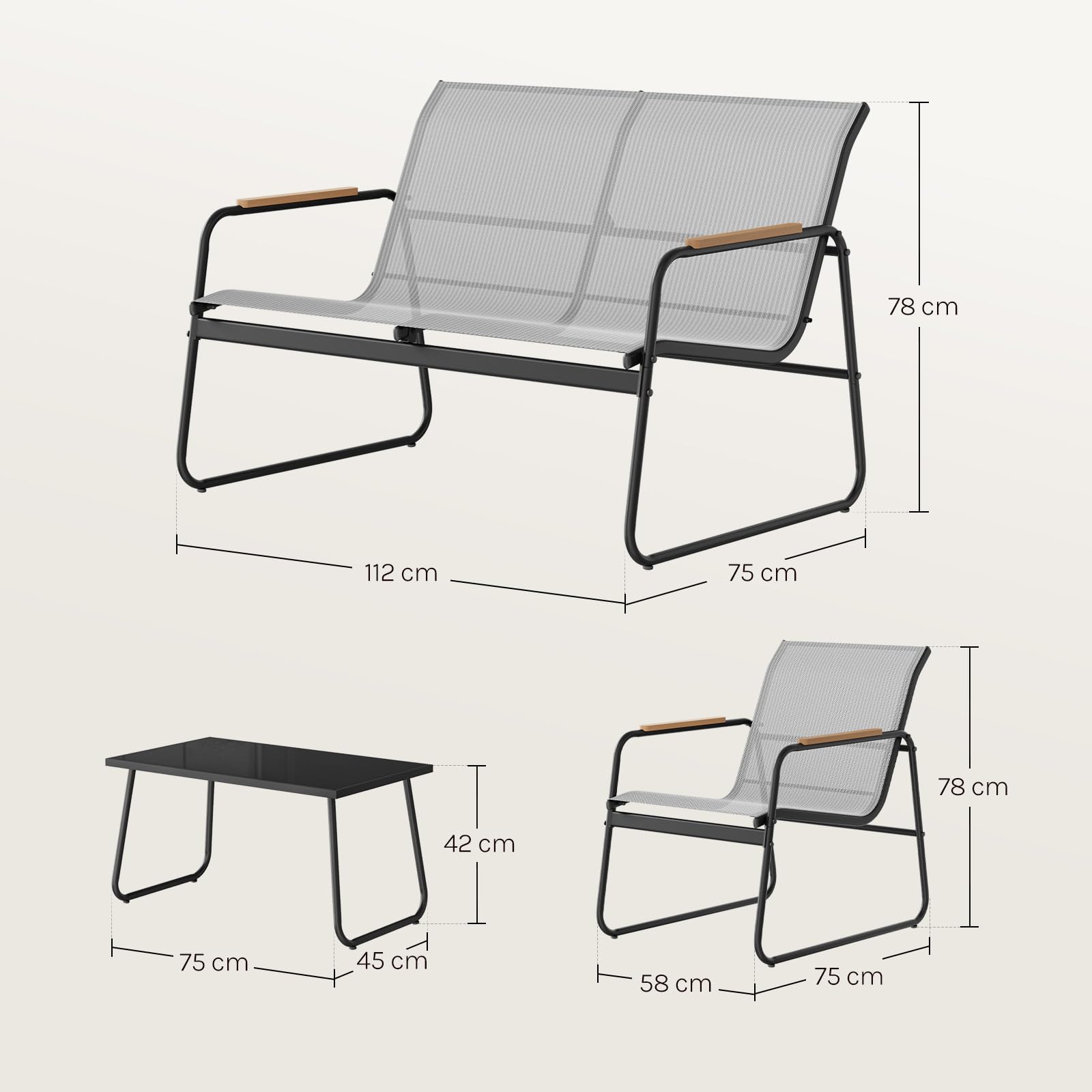 WOLTU Gartenmöbel Set 4-teilig1 Tisch & 1 Zweisitzer-Sofa & 2 Sessel mit Rückenlehne und Armlehnen Ergonomisches Design UV-beständig Balkonmöbel für Terrasse und Balkon, Grau