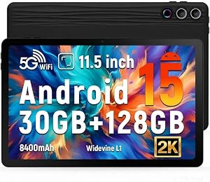 Android 15 Tablet, 11.5 inch Tablet 30GB RAM + 128GB ROM (1TB TF), 2K Display/8400mAh/ Octa-Core/ 5G WiFi/Widevine L1/ BT5.0/8MP+13MP Camera/Face ID Android Tablets PC,Black