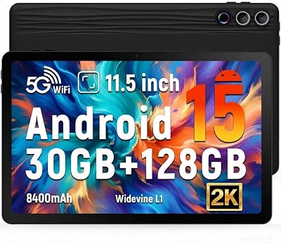 Android 15 Tablet, 11.5 inch Tablet 30GB RAM + 128GB ROM (1TB TF), 2K Display/8400mAh/ Octa-Core/ 5G WiFi/Widevine L1/ BT5.0/8MP+13MP Camera/Face ID Android Tablets PC,Black