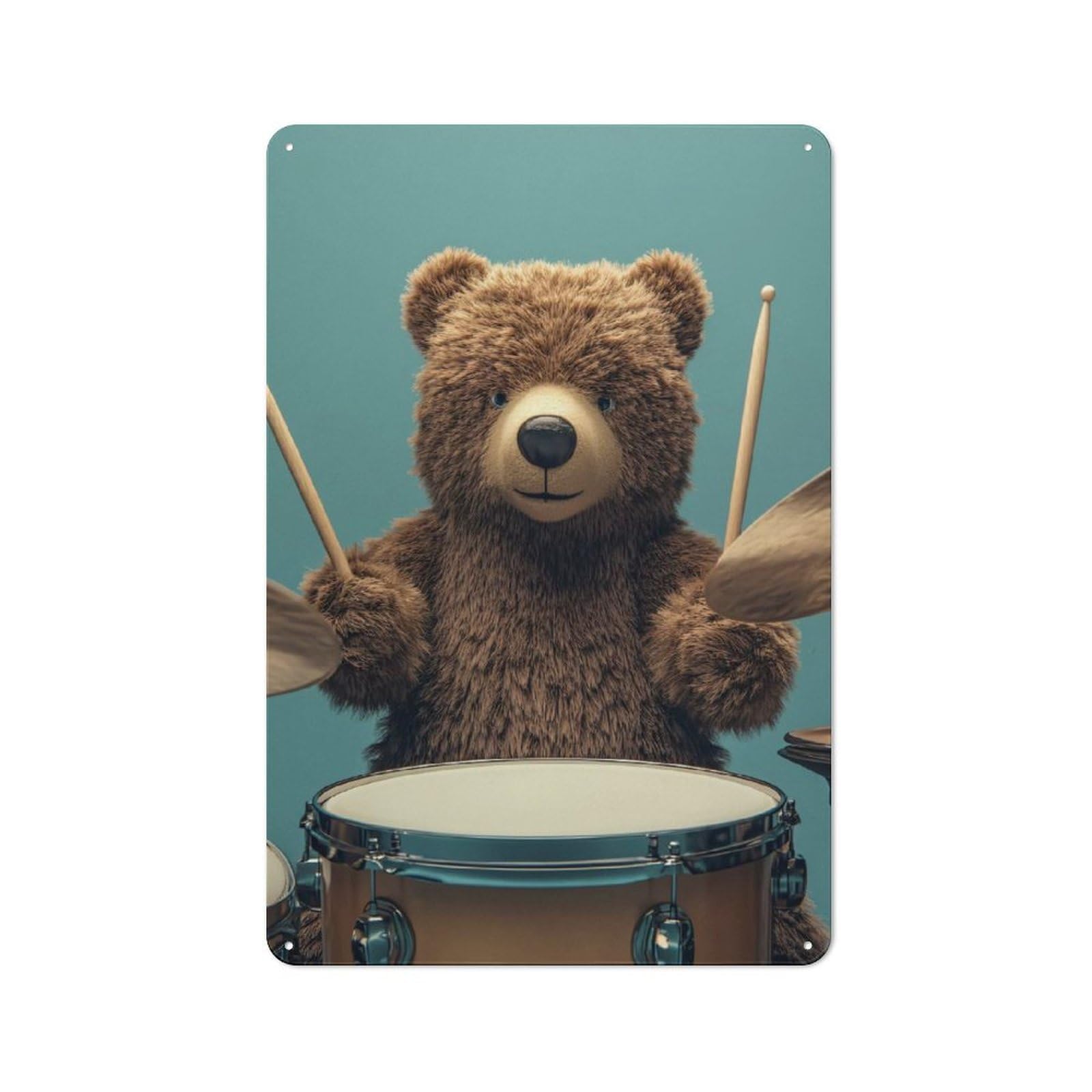 Junmoney Style-4 Tin Wall Plaque 30X20cm With Teddy Bear Drummer For Garage Wall, Suited To People Furnishing A Garage