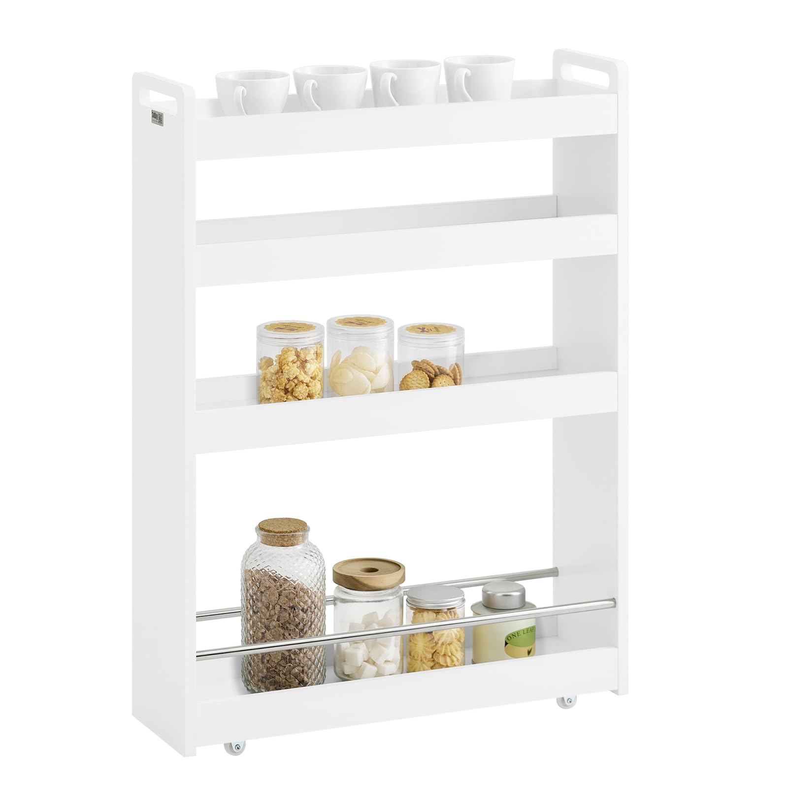 SoBuy Carrello Slim per Cucina e Bagno con 4 Ruote Scaffale Salvaspazio a 4 Ripiani con Aste Antiscivolo Unità di Stoccaggio per Cucina, Bagno, Forniture per Bellezza o Artigianato 60x18x82cm NSR01-W